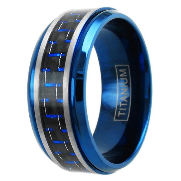 Titanium Wedding Band (8mm). Blue Ring w/ Blue and Black Carbon Fiber Inlay. - Picture 1 of 3